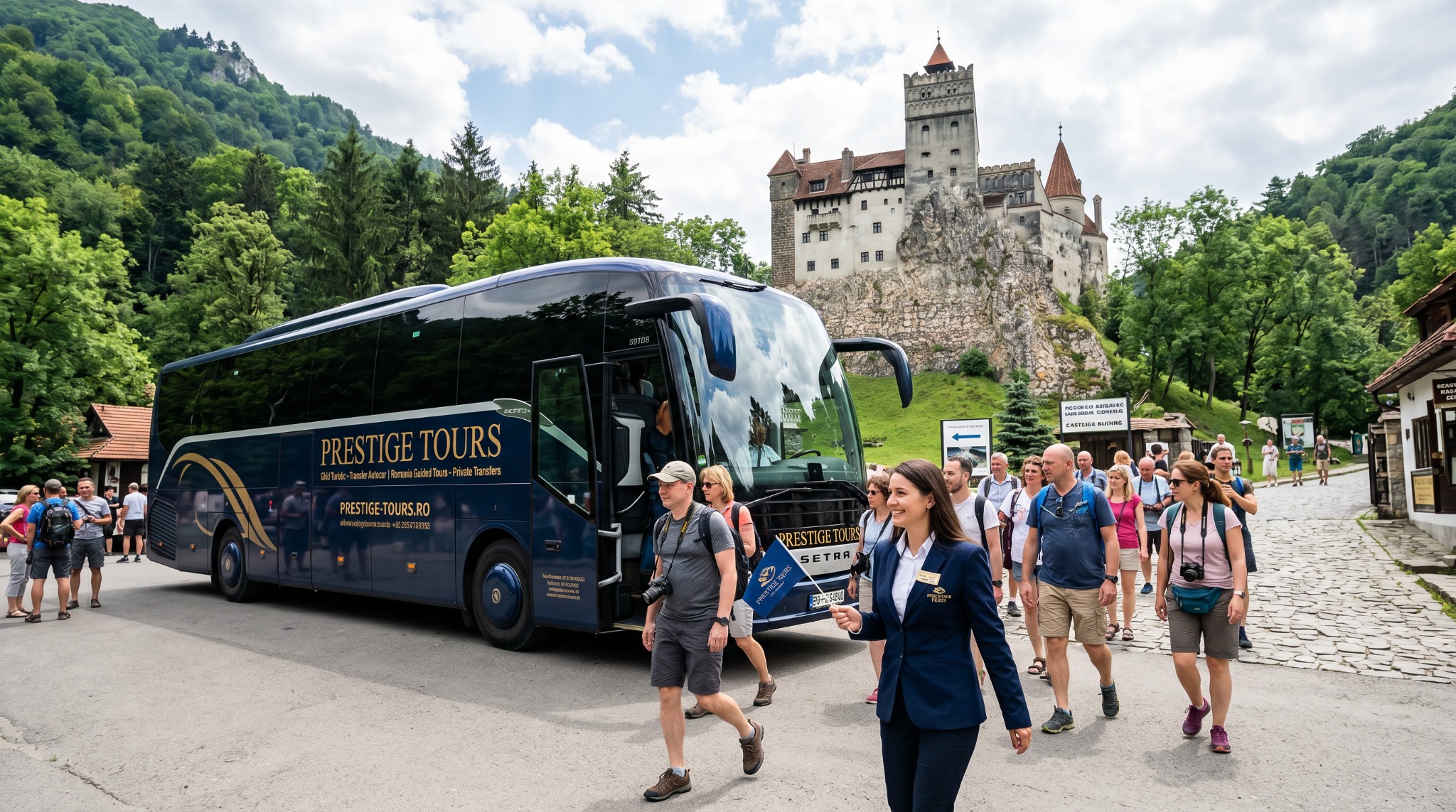 Prestige Tours coach near Bran Castle entrance