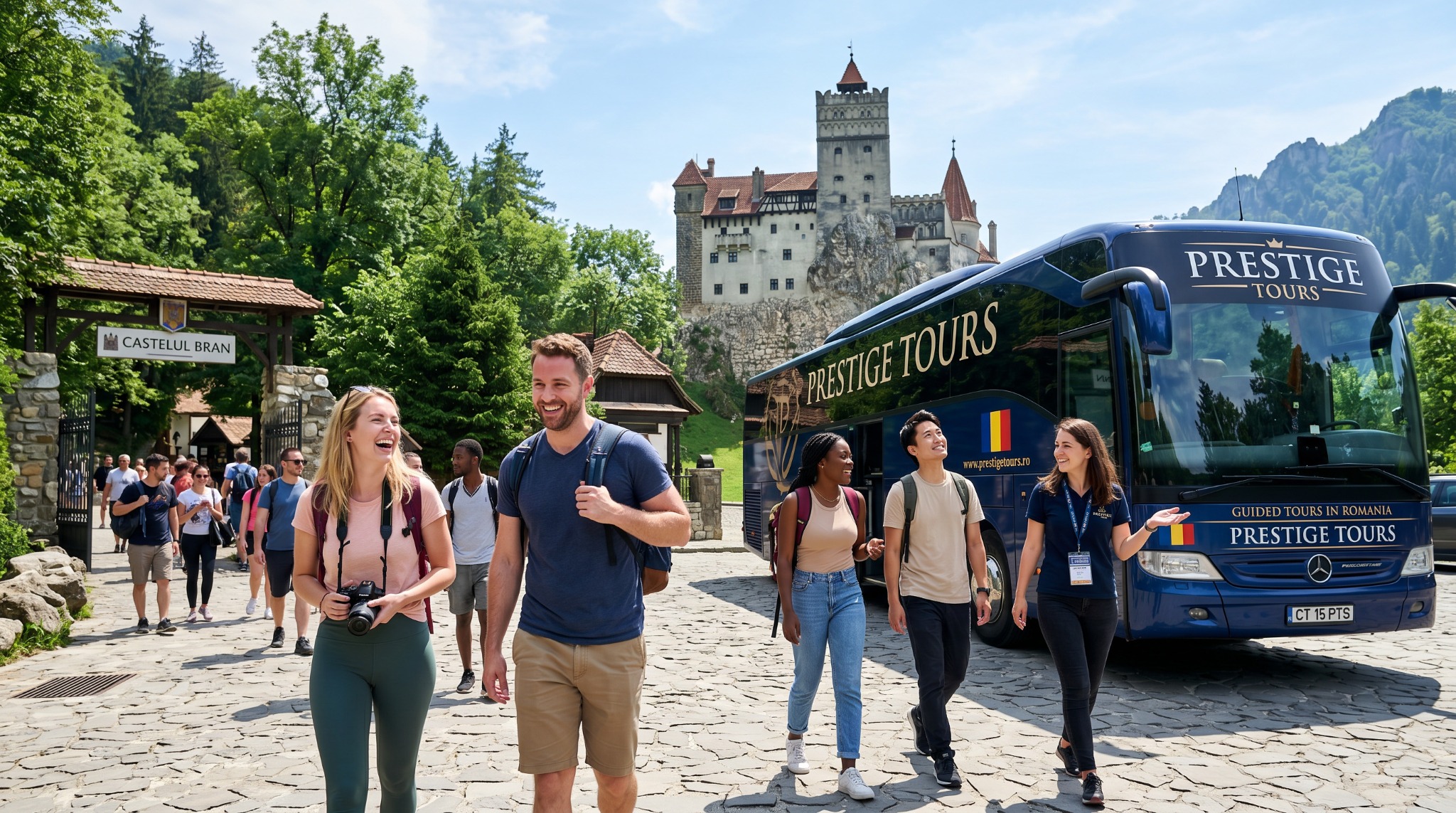 Prestige Tours coach near Bran Castle